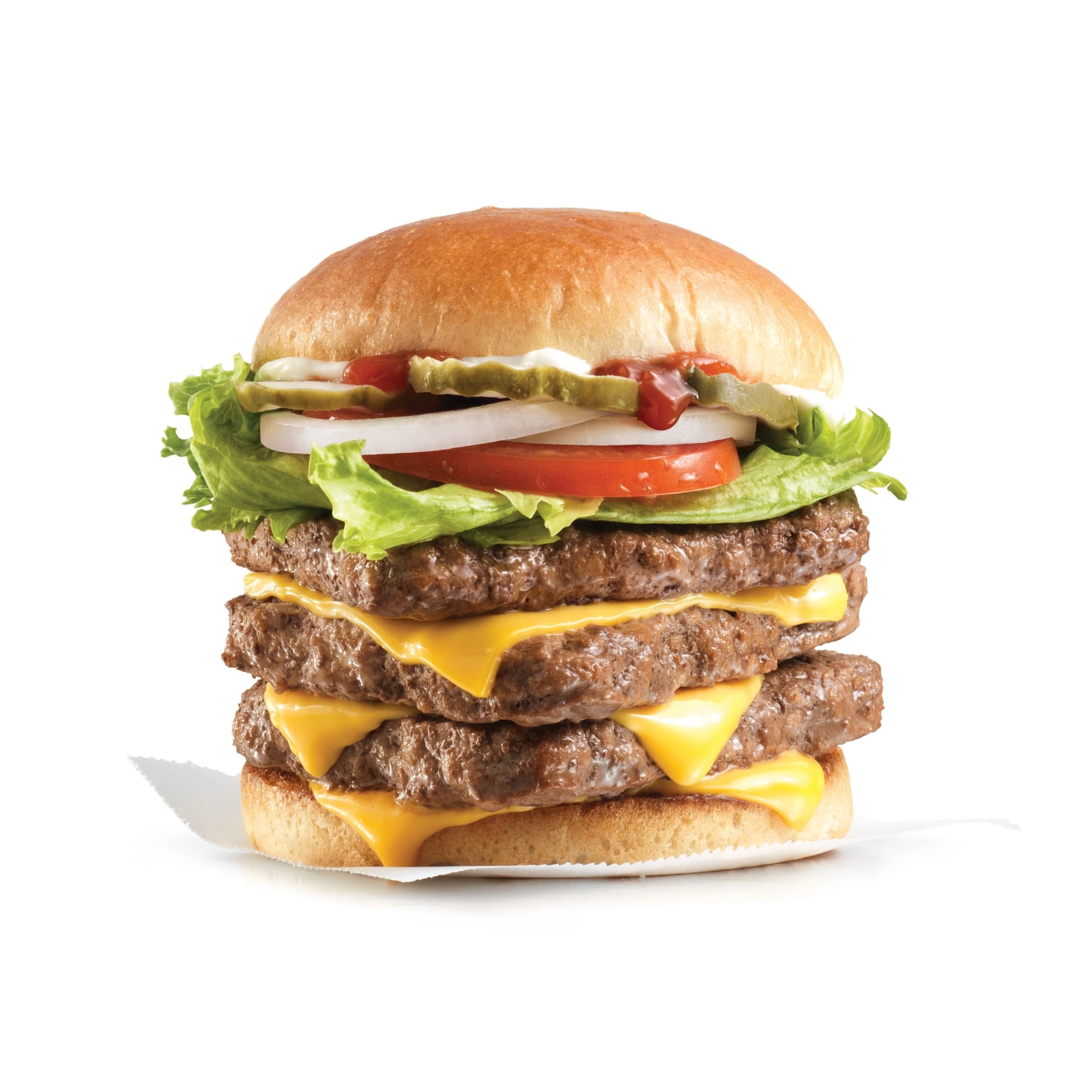 burger with three square-shaped patties